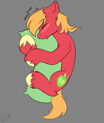 Size: 1266x1494 | Tagged: safe, artist:aurorafang, artist:auroraookamisan12, imported from derpibooru, big macintosh, earth pony, pony, blushing, cute, eyes closed, gray background, hug, leg fluff, macabetes, male, missing accessory, nuzzling, pillow, pillow hug, profile, simple background, solo, stallion