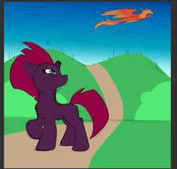 Size: 921x881 | Tagged: safe, artist:aurorafang, imported from derpibooru, fizzlepop berrytwist, tempest shadow, phoenix, pony, unicorn, broken horn, chest fluff, ear fluff, eye scar, female, flying, horn, mare, missing cutie mark, profile, scar, solo