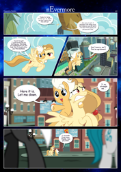 Size: 3259x4607 | Tagged: safe, artist:estories, imported from derpibooru, oc, oc only, oc:alice goldenfeather, oc:fable, earth pony, pegasus, pony, comic:nevermore, colt, comic, female, filly, flying, male, mare, ponies riding ponies, riding, speech bubble