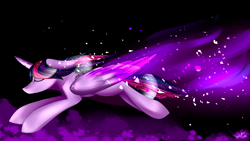 Size: 1920x1080 | Tagged: safe, artist:intfighter, edit, imported from derpibooru, twilight sparkle, alicorn, pony, black background, cropped, eyes closed, female, flying, mare, simple background, solo, twilight sparkle (alicorn)