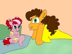 Size: 1280x960 | Tagged: safe, artist:doodletheexpoodle, imported from derpibooru, cheese sandwich, oc, oc:apple sorbet, earth pony, pony, father and child, father and daughter, female, foal, male, offspring, parent:applejack, parent:cheese sandwich, parents:cheesejack, rubber chicken, silly, tongue out