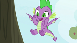 Size: 1920x1080 | Tagged: safe, imported from derpibooru, screencap, spike, dragon, the big mac question, cute, cute little fangs, fangs, flying, happy, male, solo, spikabetes, winged spike, wings