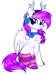 Size: 2392x3144 | Tagged: safe, artist:lazuli, artist:mint-light, imported from derpibooru, oc, oc only, oc:lavanda, pegasus, pony, antlers, bow, chest fluff, clothes, commission, ear piercing, hair bow, pegasus oc, piercing, raised hoof, reindeer antlers, simple background, sitting, smiling, socks, solo, striped socks, transparent background, wings, ych result