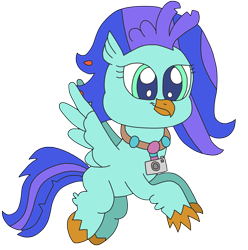 Size: 2359x2378 | Tagged: safe, artist:supahdonarudo, imported from derpibooru, oc, oc only, oc:sea lilly, classical hippogriff, hippogriff, my little pony: pony life, camera, flying, g4.5, jewelry, necklace, simple background, style emulation, transparent background