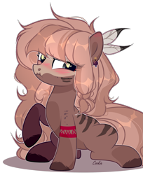 Size: 2053x2512 | Tagged: safe, artist:lazuli, artist:mint-light, imported from derpibooru, oc, oc only, earth pony, pony, blushing, colored hooves, commission, earth pony oc, feather, raised hoof, simple background, solo, transparent background, ych result