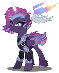 Size: 1300x1600 | Tagged: safe, artist:gihhbloonde, imported from derpibooru, oc, oc only, alicorn, pony, armor, female, magical lesbian spawn, mare, offspring, parent:rainbow dash, parent:tempest shadow, parents:tempestdash, simple background, solo, transparent background