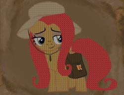 Size: 1877x1440 | Tagged: safe, artist:calinou, derpibooru exclusive, imported from derpibooru, fluttershy, pegasus, pony, daring doubt, bag, cute, doom, female, hat, mare, saddle bag, sassy, sassyshy, side view, slade, smug, solo