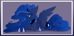 Size: 1280x617 | Tagged: safe, artist:justeuge, imported from derpibooru, princess luna, alicorn, female, lying down, mare, prone, simple background, smiling, solo