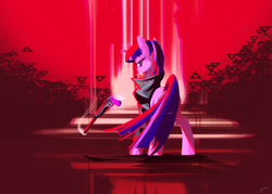 Size: 2100x1500 | Tagged: safe, artist:naafreelanceartist, imported from derpibooru, twilight sparkle, pony, unicorn, abstract background, assassin, beret, clothes, female, glowing horn, gun, handgun, hat, horn, jacket, leather jacket, looking at you, looking back, looking back at you, magic, pistol, red background, signature, solo, suppressed pistol, suppressor, telekinesis, unicorn twilight