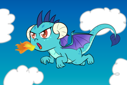 Size: 1000x667 | Tagged: safe, artist:empyu, imported from derpibooru, princess ember, dragon, my little pony: pony life, cloud, cute, dragoness, emberbetes, female, fire, fire breath, flying, g4, g4 to g4.5, g4.5, sky, smol, solo, wings, younger