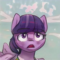 Size: 1024x1024 | Tagged: safe, artist:thisponydoesnotexist, imported from derpibooru, pegasus, pony, ai content, ai generated, bust, concerned, female, generator:thisponydoesnotexist, jewelry, mare, necklace, neural network, not twilight sparkle, portrait, sky background, solo, worried