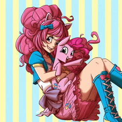 Size: 1243x1243 | Tagged: safe, artist:ilacavgbmjc, imported from derpibooru, kotobukiya, pinkie pie, earth pony, human, pony, cute, diapinkes, eared humanization, female, holding a pony, human ponidox, humanized, kotobukiya pinkie pie, looking at you, magic skirt, mare, open mouth, self ponidox, sitting, smiling