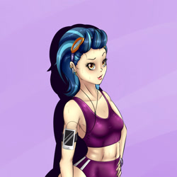 Size: 1600x1600 | Tagged: safe, artist:albertbm, imported from derpibooru, indigo zap, equestria girls, belly button, breasts, cellphone, clothes, female, fit, headphones, human coloration, outfit, phone, purple background, shorts, simple background, smartphone, solo, sports bra, sports shorts, sweat