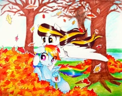 Size: 2964x2322 | Tagged: safe, artist:liaaqila, imported from derpibooru, rainbow dash, oc, oc:tulpa twilight, pegasus, pony, commission, duo, eye clipping through hair, female, leaves, mare, pile of leaves, traditional art, tree