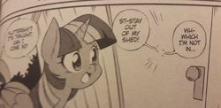 Size: 3022x1470 | Tagged: safe, imported from derpibooru, fluttershy, twilight sparkle, alicorn, my little pony: the manga, my little pony: the manga volume 1, spoiler:manga, spoiler:manga1, stay out of my shed, twilight sparkle (alicorn)