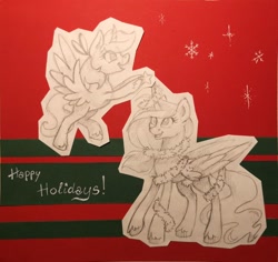 Size: 960x906 | Tagged: safe, imported from derpibooru, oc, oc only, oc:iris, oc:lilyana, alicorn, pony, alicorn oc, christmas, community related, duo, female, filly, flying, happy, holiday, horn, mare, smiling, starved for light, traditional art, wings