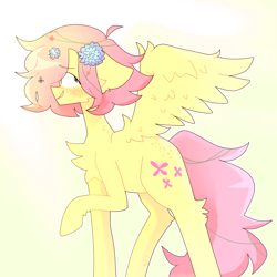 Size: 3200x3200 | Tagged: safe, artist:scootaspark, imported from derpibooru, fluttershy, pegasus, pony, alternate hairstyle, blushing, female, flower, flower in hair, short hair, solo