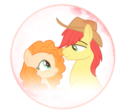 Size: 1051x920 | Tagged: safe, artist:third uncle, artist:three uncle, edit, imported from derpibooru, bright mac, pear butter, earth pony, pony, brightbutter, cowboy hat, eye contact, female, full moon, hat, husband and wife, looking at each other, male, mare, moon, shipping, simple background, stallion, straight, transparent background