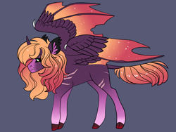 Size: 2800x2100 | Tagged: safe, artist:loryska, imported from derpibooru, oc, oc only, alicorn, bat pony, bat pony alicorn, pony, bat wings, horn, hybrid wings, magical lesbian spawn, offspring, parent:applejack, parent:tempest shadow, simple background, solo, wings