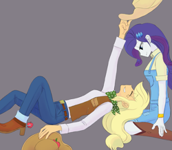 Size: 2273x1986 | Tagged: safe, artist:haibaratomoe, imported from derpibooru, applejack, rarity, equestria girls, cowboy hat, eyes closed, female, gray background, hat, lesbian, looking down, rarijack, shipping, simple background, smiling