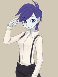 Size: 3024x4032 | Tagged: safe, alternate version, artist:haibaratomoe, imported from derpibooru, rarity, equestria girls, alternate hairstyle, female, simple background, solo, suspenders, tan background