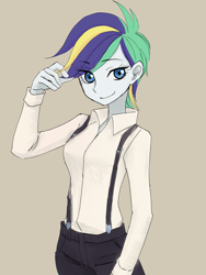 Size: 3024x4032 | Tagged: safe, artist:haibaratomoe, imported from derpibooru, rarity, equestria girls, it isn't the mane thing about you, alternate hairstyle, female, high res, punk, raripunk, short hair, simple background, solo, suspenders, tan background