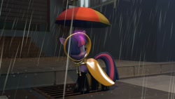 Size: 1600x900 | Tagged: safe, artist:minimalistichipster, artist:rottenthemaker, imported from derpibooru, twilight sparkle, pony, 3d, female, rain, raincoat, solo, source filmmaker, umbrella