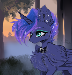 Size: 4300x4500 | Tagged: safe, artist:livitoza, imported from derpibooru, princess luna, alicorn, pony, alternate hairstyle, chest fluff, collar, ear piercing, excessive chest fluff, female, fog, mare, piercing, punk, solo