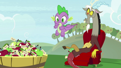 Size: 1920x1080 | Tagged: safe, imported from derpibooru, screencap, discord, spike, dragon, the big mac question, apple, apple tree, barrel, chair, food, tree, winged spike, wings