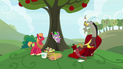 Size: 1920x1080 | Tagged: safe, imported from derpibooru, screencap, big macintosh, discord, spike, dragon, the big mac question, apple, apple tree, chair, paint bucket, tree, winged spike, wings