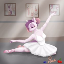 Size: 1250x1250 | Tagged: safe, artist:pankydrawuvu, imported from derpibooru, oc, oc:via, anthro, arms out, ballerina, ballet, ballet barre, ballet bun, ballet slippers, ballet studio, clothes, eyes closed, hair bun, one leg out, pose, smiling, tutu