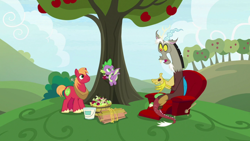 Size: 1920x1080 | Tagged: safe, imported from derpibooru, screencap, big macintosh, discord, spike, dragon, the big mac question, apple, apple tree, food, paint bucket, tree, winged spike, wings