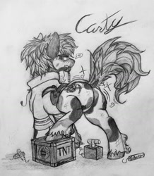 Size: 1512x1732 | Tagged: safe, artist:reekosukanku, imported from derpibooru, oc, oc only, oc:carty, earth pony, pony, butt, crate, explosives, male, monochrome, plot, solo, stallion, tnt, traditional art