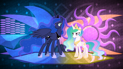 Size: 3840x2160 | Tagged: safe, artist:inaactive, artist:laszlvfx, artist:pumpkinpieforlife, edit, imported from derpibooru, princess celestia, princess luna, alicorn, pony, role reversal, wallpaper, wallpaper edit