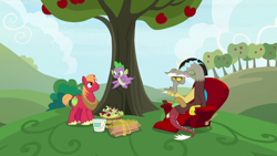 Size: 1920x1080 | Tagged: safe, imported from derpibooru, screencap, big macintosh, discord, spike, dragon, the big mac question, apple, apple tree, chair, paint bucket, tree, winged spike, wings