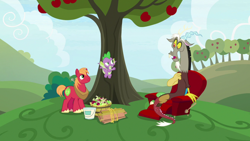 Size: 1920x1080 | Tagged: safe, imported from derpibooru, screencap, big macintosh, discord, spike, dragon, the big mac question, apple, apple tree, chair, paint bucket, tree, winged spike, wings