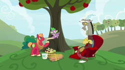 Size: 1920x1080 | Tagged: safe, imported from derpibooru, screencap, big macintosh, discord, spike, dragon, the big mac question, apple, apple tree, chair, map, paint bucket, tree, winged spike, wings