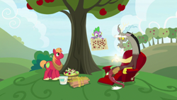 Size: 1920x1080 | Tagged: safe, imported from derpibooru, screencap, big macintosh, discord, spike, dragon, the big mac question, apple, apple tree, chair, map, paint bucket, tree, winged spike, wings