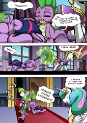 Size: 1204x1700 | Tagged: safe, artist:tarkron, imported from derpibooru, princess celestia, spike, twilight sparkle, oc, oc:cosmo cool, alicorn, dragon, pony, unicorn, comic:the royal sandal, adorable distress, comic, cute, dragging, eyes closed, glowing horn, head pat, horn, magic, pat, pulling, sweat, sweatdrop, tail, tail pull, telekinesis, twilight sparkle (alicorn)