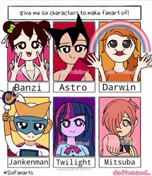 Size: 720x839 | Tagged: safe, artist:dafinaand_, imported from derpibooru, twilight sparkle, human, six fanarts, equestria girls, :d, :o, astro boy, banzi's secret diary, bust, camera, clothes, crossover, darwin watterson, hair over one eye, humanized, jankenman, male, open mouth, peace sign, rainbow, smiling, the amazing world of gumball, toilet-bound hanako-kun, watermark