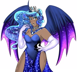 Size: 2534x2372 | Tagged: safe, artist:mscreepyplaguedoctor, imported from derpibooru, princess luna, human, alicorn humanization, alternate hairstyle, bedroom eyes, breasts, choker, clothes, crown, curved horn, dark skin, dress, ethereal mane, evening gloves, eyeshadow, female, galaxy mane, gloves, horn, horned humanization, human coloration, humanized, hybrid wings, jewelry, lipstick, long gloves, makeup, regalia, simple background, solo, starry mane, white background, winged humanization, wings