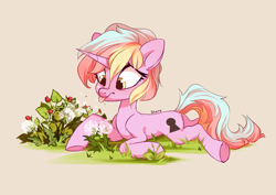 Size: 4093x2894 | Tagged: safe, artist:shore2020, imported from derpibooru, oc, oc only, oc:bumblebun, pony, unicorn, dandelion, female, flower, lying down, mare, prone, solo, tongue out