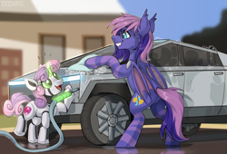 Size: 4713x3200 | Tagged: safe, artist:trickate, imported from derpibooru, sweetie belle, oc, oc:bitmaker, bat pony, pony, robot, robot pony, unicorn, bat pony oc, bat wings, car, clothes, cutie mark, female, glasses, glowing horn, horn, magic, male, sweetie bot, telekinesis, tesla cybertruck, the cmc's cutie marks, washing, wings