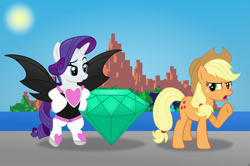 Size: 8847x5882 | Tagged: safe, artist:anime-equestria, imported from derpibooru, applejack, rarity, earth pony, pony, unicorn, absurd resolution, angel island, applejack's hat, bat wings, boots, clothes, costume, cowboy hat, crossover, duo, duo female, emerald, eyeshadow, female, frown, gem, grin, hand on hip, hands on hip, hat, island, jewel, makeup, mare, master emerald, mountain, open mouth, ponytail, rouge the bat, shadow, shoes, smiling, sonic the hedgehog (series), standing, wings