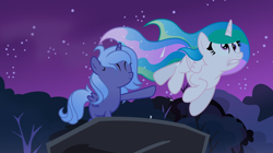 Size: 6195x3465 | Tagged: safe, artist:inaactive, artist:pumpkinpieforlife, imported from derpibooru, princess celestia, princess luna, pony, sleepless in ponyville, cewestia, female, filly, night, pushing, this will end in a trip to the moon, woona, yeet, younger