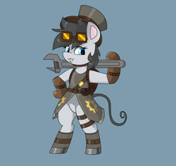 Size: 3056x2884 | Tagged: safe, artist:pencil bolt, imported from derpibooru, oc, oc only, oc:emile(mouse pony), mouse, mouse pony, pony, bipedal, boots, clothes, female, gloves, hat, shoes, simple background, smiling, solo, steampunk