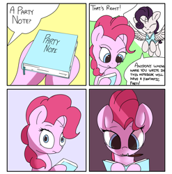 Size: 2008x2031 | Tagged: safe, artist:vultraz, imported from derpibooru, pinkie pie, rarity, alicorn, earth pony, pony, /mlp/, 4 panel comic, alicornified, comic, death note, drawthread, grin, mouth hold, ponified, quill, race swap, raricorn, smiling