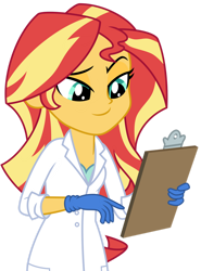 Size: 1024x1383 | Tagged: safe, artist:emeraldblast63, imported from derpibooru, sunset shimmer, equestria girls, clothes, female, gloves, lab coat, motorcross, simple background, smiling, solo, transparent background, vector