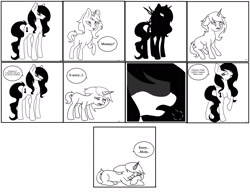 Size: 1863x1444 | Tagged: safe, artist:sugar lollipop, imported from derpibooru, oc, oc only, oc:black-star, oc:double face, earth pony, pony, unicorn, angry, black and white, comic, dark, development, digital art, drawing, drawthread, earth pony oc, female, grayscale, history, horn, male, monochrome, mother and child, mother and son, sad, simple background, story in the decription, story included, unicorn oc