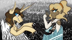 Size: 1280x720 | Tagged: safe, artist:ravenroyal21, imported from derpibooru, oc, alicorn, human, pony, alicorn oc, clothes, dress, duo, female, gloves, horn, long gloves, unshorn fetlocks, wings